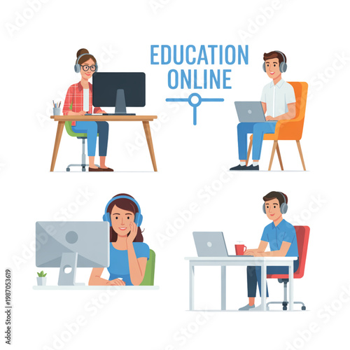 People using computers and headsets for online education, distance learning, remote webinars, and digital student training