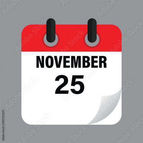 Twenty Fifth November Calendar Icon Date Schedule Grey Background Vector