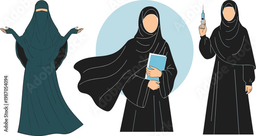 Muslim Woman in Hijab and Abaya Set Showing Prayer Gesture, Holding Book, and Medical Syringe, Islamic Female Character Collection in Flat Vector Style