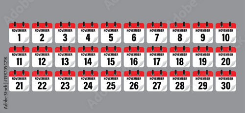 November Calendar Daily Date Icon Set Collection Grey Background Vector