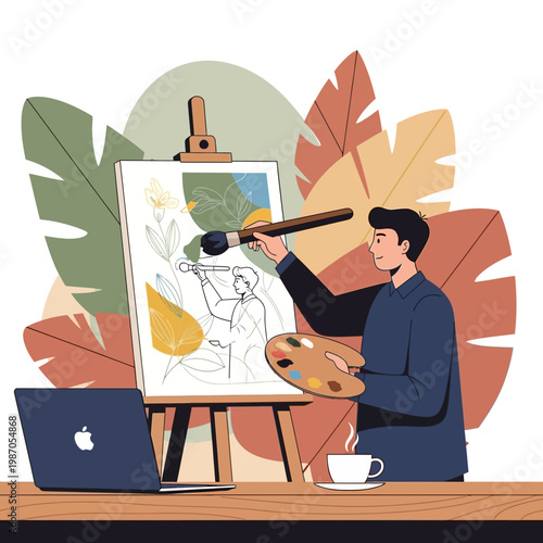 Artist painting on canvas, laptop and coffee on desk, creative workspace