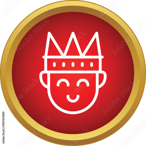 Smiling person head wearing a crown inside a red circle with gold border