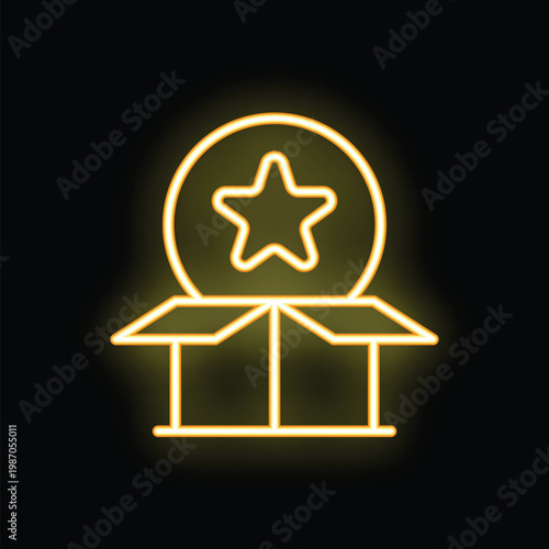 Neon glowing icon of an open cardboard box containing a star sign, on a black background
