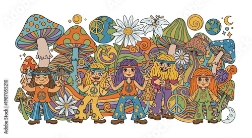 Colorful illustration of hippie children.