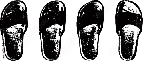 four black rubber sandals arranged in a row isolated on white background