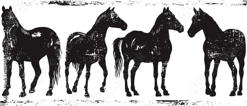 Vintage black horse silhouettes set, four rustic equine figures in various standing poses