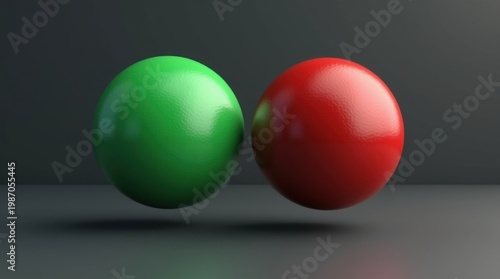 Dos botones, uno verde y otro rojo, flotando en el aire, fondo minimalista, iluminación de fuerte contraste, concepto de decisión binaria