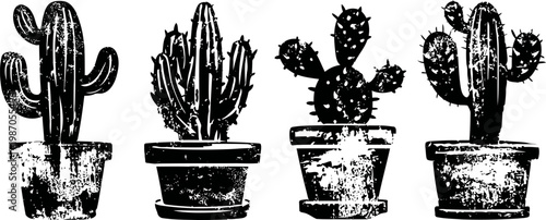 set of vintage distressed cactus illustrations in pots hand drawn agave and succulent vector plants in rustic