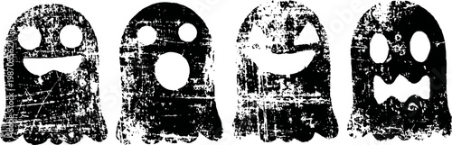 four distressed ghost silhouettes with expressive faces, halloween spooky characters