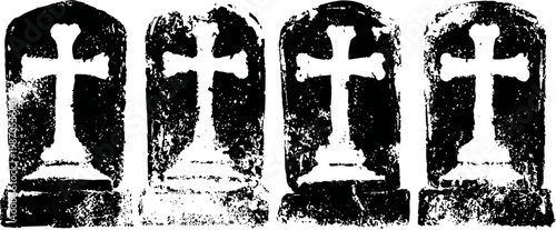 Set of four vintage tombstones with crosses, silhouette gravestones, monochrome memorial symbols