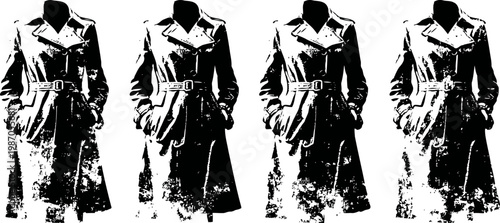 four black and white trench coats with belt and sharp collar in grunge