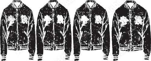 Four identical leather jackets with front zipper and pockets in black and white design