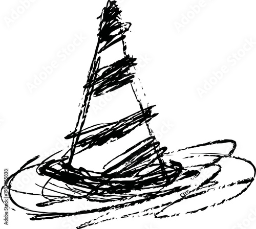 Hand drawn black witch hat with broad brim and striped pattern in sketch on white background