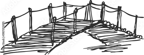 Hand drawn wooden footbridge sketch with rope railing crossing over shadowed ground