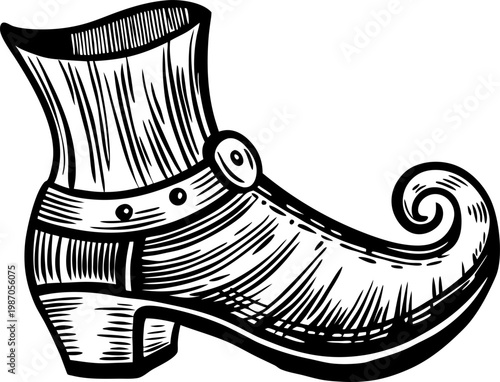 Vintage elf shoe with curled toe and decorative button woodcut illustration