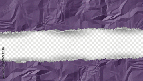 Purple Torn Paper Banner Background with Transparent Center Strip and Crumpled Texture Frame