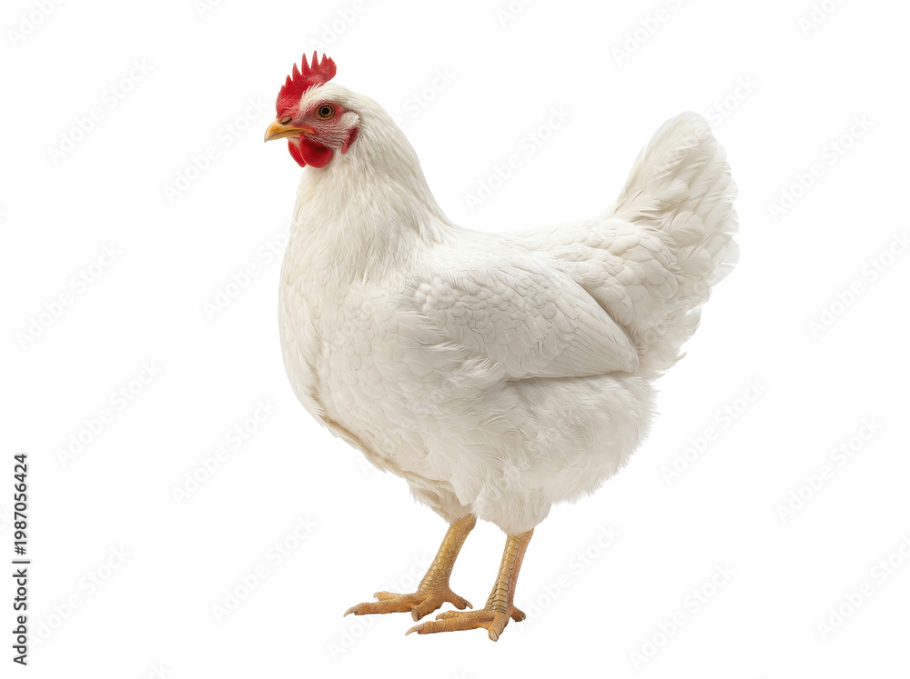 Fototapeta premium A white chicken standing alone in profile against a plain white background