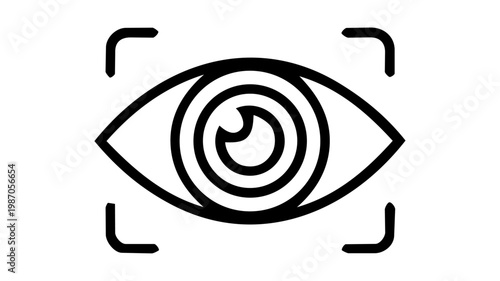 A visual scanning and hypnosis concept icon showing a stylized eye with a spiral iris inside a scan frame, representing vision technology, surveillance, or mind control in bold black vector style.