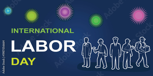 International Labor Day May 1st Vector Illustration with Diverse Worker Outlines and Colorful Sunburst Icons on Blue Background for May Day Celebration and Employment Awareness