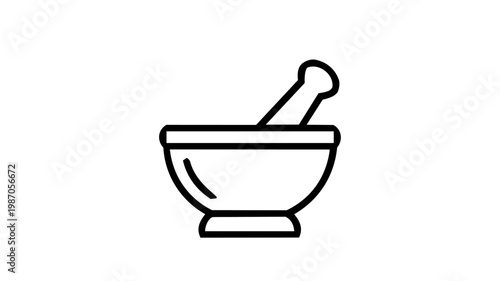 A mortar and pestle concept icon representing pharmacy, herbal medicine, cooking spices, or traditional apothecary in clean black outline vector style.