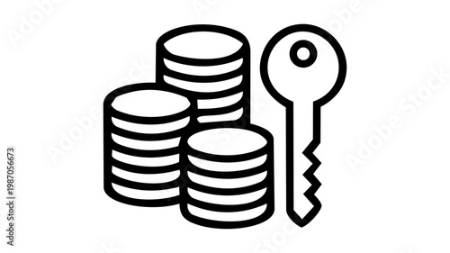 A finance and access concept icon showing stacked coins alongside a key, representing wealth, savings, investment, or property ownership in clean black outline vector style.