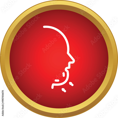 Person's profile showing sickness symptoms with mouth expelling vomit on a red button