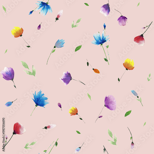Minimal seamless floral pattern with scattered flowers on pink background