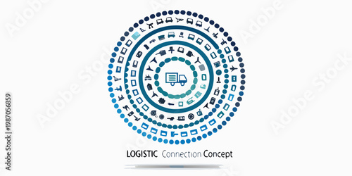 Circular logistics diagram with various transport icons and a central truck