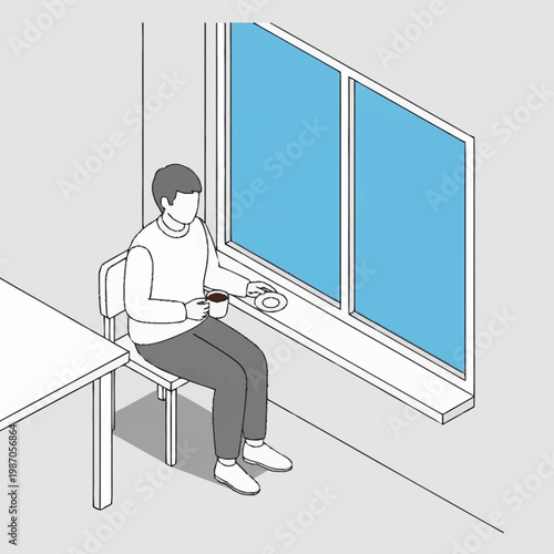 A man sitting by a window looking at his phone.