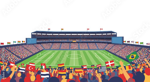 Vibrant Vector Illustration of a Packed Grand Stadium with Cheering Sports Fans Waving International Flags, Celebrating a Global Soccer Tournament Event