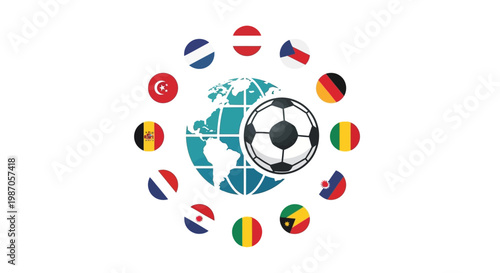 Vibrant global football championship vector graphic showcasing a soccer ball on a world map, encircled by diverse national flags, symbolizing international sports unity