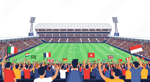 Vibrant vector illustration of a massive sports stadium, showcasing an excited international crowd passionately cheering and waving diverse national flags during an electrifying match