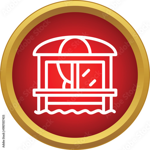 Minimalist beach house or cabin icon with waves, set in a round red and gold frame