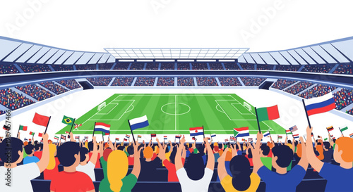 Vector illustration of a crowd of football fans waving national flags in a stadium during a match