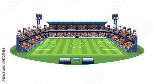 Stadium vector illustration of a sports stadium with a soccer field and stands full of spectators