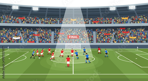 Dynamic football match vector illustration capturing an exciting final game in a packed stadium, with players competing intensely under bright lights and a cheering crowd