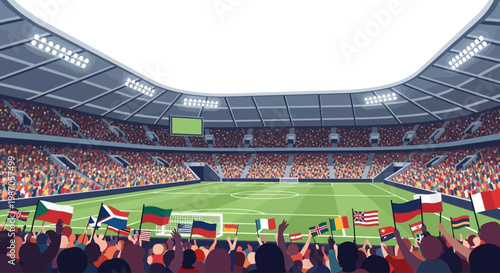 Vector crowd of football fans waving flags in a stadium during a soccer match with green pitch and bright lights