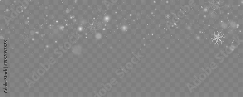 White snow falling gently with blur effect. Transparent PNG background for design projects. Creates magical winter mood.