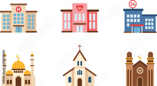 Religious and Medical Buildings Set Featuring Hospital, Clinic, Mosque, Church, and Synagogue Architecture Icons in Flat Vector Illustration Style