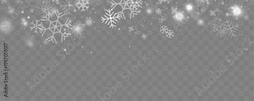 Abstract snowfall with gentle white flakes in motion. Transparent PNG background for easy editing. Creates peaceful winter holiday feeling.