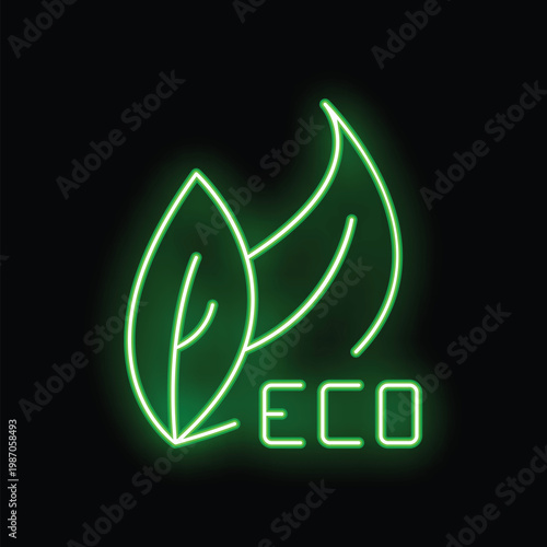 Neon sign with two leaves and the word eco promotes environmentally friendly products and lifestyles