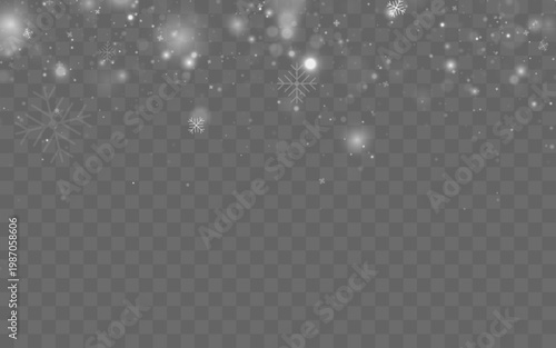 White snow particles falling across transparent background. Soft motion enhances festive atmosphere. Clean vector illustration style.