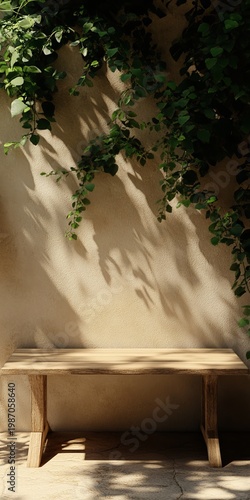 A Sun Drenched Wooden Bench Surrounded by Lush Green Vines, Creating a Serene Outdoor Retreat