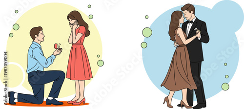 Romantic Relationship Scenes with Marriage Proposal and Dancing Couple, Love, Engagement, Dating, and Valentine Moments in Flat Vector Illustration Style