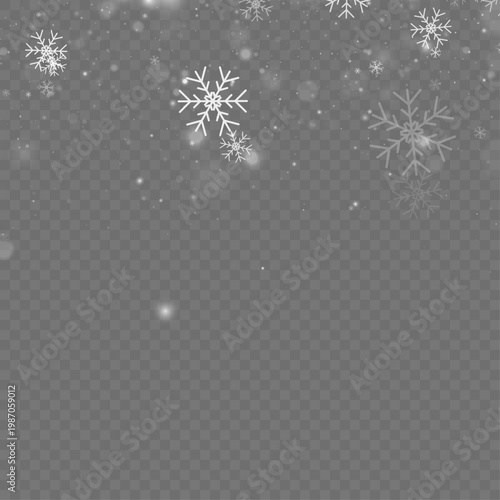 Falling snowflakes on clean transparent background with soft blur. Light particles enhance winter atmosphere. Ideal for seasonal design projects.