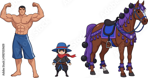 Strong Bodybuilder Man, Fantasy Mage Character, and Decorated Horse Set with Muscular Athlete, Wizard, and Armored Animal Vector Illustration