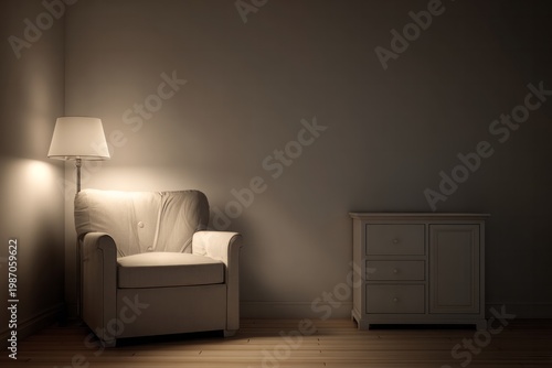 Armchair and cabinet illuminated by a floor lamp in a dimly lit room.