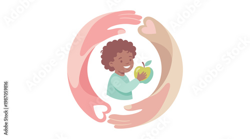 Smiling African child holds apple, embraced by caring hands forming a protective circle with hearts. Gentle pastel illustration.