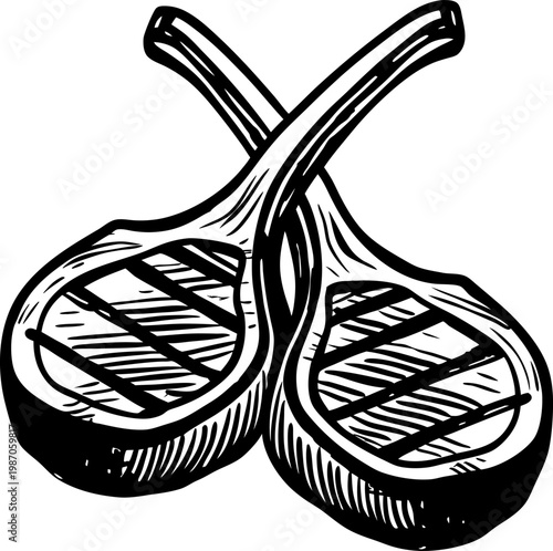 Two grilled lamb chops with bone handles crossing, detailed black and white hand drawn illustration of meat cut