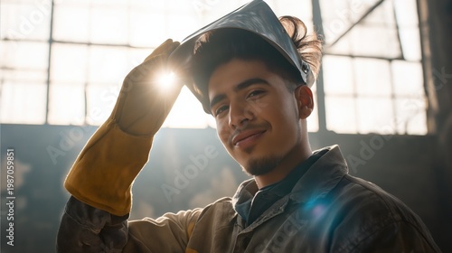 Young male welder smiling in workshop, lifting his protective mask. Concept of professional craftsmanship, manual labor and job satisfaction